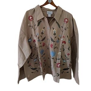 Country Store Womens 3X Tan Cotton Embroidered Floral Denim Top Jacket NIP